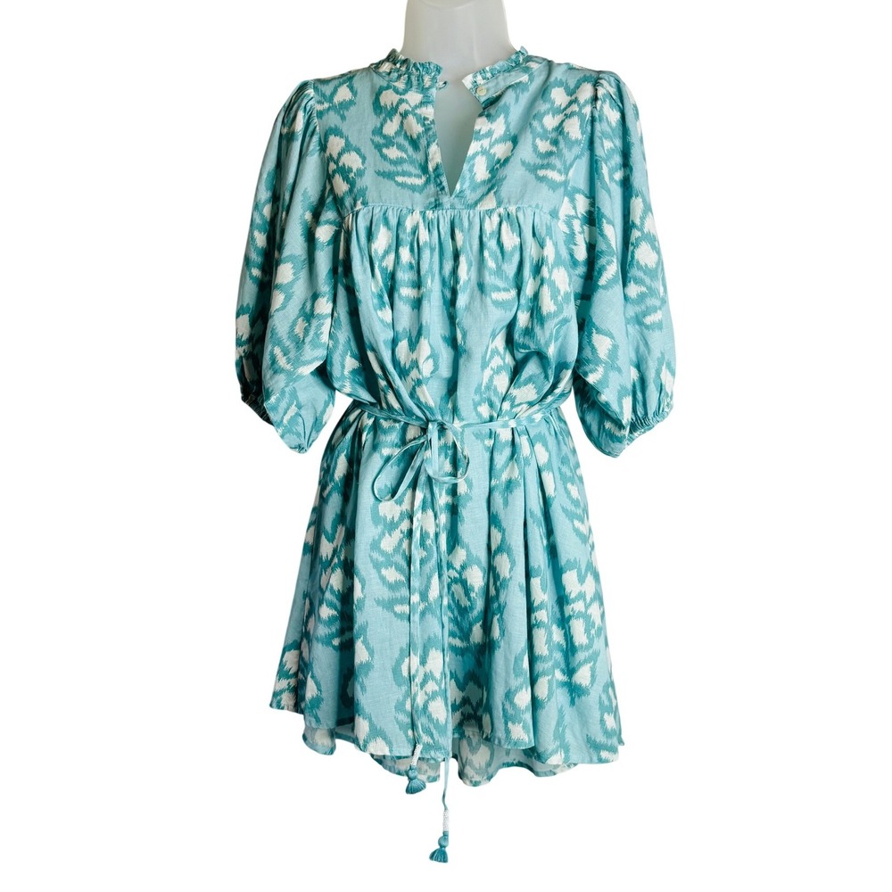 Omika | Blue Ikat Floral Cotton Linen Mini Dress Puff Sleeve Tassel Tie | XS